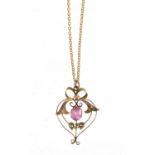 Art Nouveau 9ct gold pink stone and seed pearl pendant, on a 9ct gold necklace, the pendant 3.2cm in