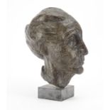 Bronze half head bust of a female, raised on a square slate base, overall 32cm high : For Extra
