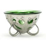 Arts & Crafts Liberty & Co pewter bowl designed by Archibald Knox, with green glass liner, 8.5cm x