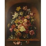 Still life flowers in a vase, Old Master style oil on board, bearing a signature Bara M, mounted and