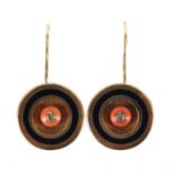 Pair of Victorian 9ct gold coral, diamond and black enamel earrings, 2.1cm in diameter,