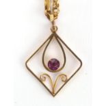 Art Nouveau 9ct gold pink stone pendant, on a 9ct gold necklace, the pendant 2.8cm in length,