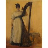 Female beside a harp, antique oil on wood panel, inscribed verso, mounted and framed, 44.5cm x