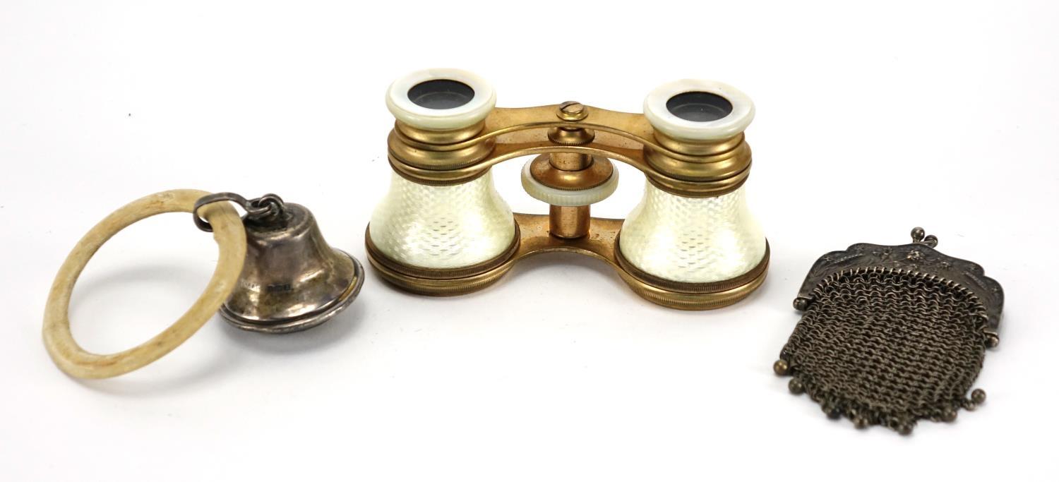 Miscellaneous objects comprising a pair of gilt brass opera glasses with guilloche enamel barrels, - Image 2 of 7