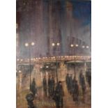 After Guy Wiggins - American street scene, Lower 5th Avenue, oil on canvas, inscribed label verso,