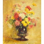 Still life flowers in a vase, impressionist oil on board, bearing a signature Dyf, unframed, 20.