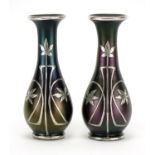 Pair of Art Nouveau iridescent glass vases in the style of Loetz with silver floral inlay, each 15cm