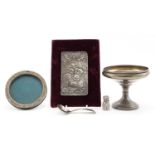 Georgian and later silver objects including miniature scent bottle, pedestal dish, photo frame and