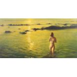 Spencer Roberts - Morning reflections, oil on canvas, label verso, mounted and framed, 75cm x 39.5cm