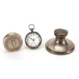 Silver items comprising Capstan inkwell, a golfing trinket and ladies pocket watch, various