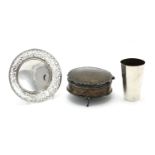 Circular silver three footed jewel box, bon bon dish and beaker, various hallmarks, the largest 11cm