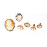 Two pairs of 9ct gold cameo maiden head earrings and a silver cameo brooch and ring : For Extra