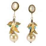 Pair of 14ct gold pearl, turquoise and Mother of Pearl drop earrings, each stamped 585, housed in
