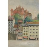 Rene Gustane Almand - Continental town, oil on board, label and inscriptions verso, mounted and