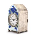 Silver and guilloche enamel clock, decorated with blue flowers, the dial marked Drew & Co, 156