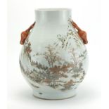 Large Chinese porcelain vase with twin deer's head handles, hand painted with a mountain landscape