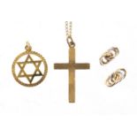 9ct gold jewellery including a cross pendant on chain and a Star of David pendant, approximate