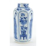 Chinese blue and white porcelain hexagonal vase, hand painted six with panels of young females and