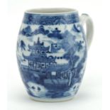 Chinese blue and white porcelain barrel tankard, hand painted with a continuous river landscape,