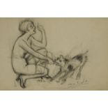 Manner of Laura Knight - Young female feeding her dog, pencil on card, mounted and framed, 27.5cm