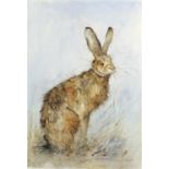 Kate Wyatt - Portrait of a hare, mixed media, label verso, mounted and framed, 54cm x 36.5cm : For