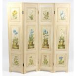 French style four fold dressing screen with hand painted panels of flowers, 180cm H x 160cm W :