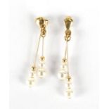 Pair of 9ct gold cultured pearl drop earrings, 3.5cm in length, approximate weight 0.7g : For