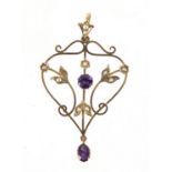 Art Nouveau 9ct gold amethyst and seed pearl pendant, 5cm in length, approximate weight 2.0g : For