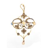 Art Nouveau 9ct gold opal and seed pearl pendant brooch, 5,5cm in length, approximate weight 2.