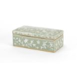 Chinese celadon glazed box, with twin divisional interior decorated with flowers, 7.5cm H x 18cm W x