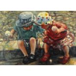 Two young children eating ice cream, French school oil on board, bearing a signature possibly J Le