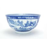 Chinese blue and white porcelain footed bowl, hand painted with two panels of fishermen in a