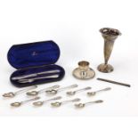 Victorian and later silver items including a bud vase, egg cup and teaspoons, the largest 17cm high,