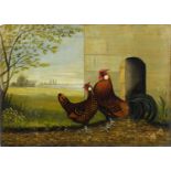 Chicken and cockerel before a landscape, early 20th century oil on board, bearing a monogram AGJ,