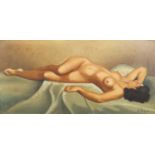 Reclining nude female, French school oil on canvas, bearing a signature B Royer, mounted and framed,
