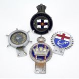 Four vintage car radiator badges including Royal Yachting Association, Royal Navy Kings Crown and