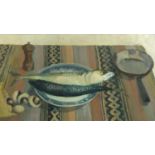 Jill Levick - Still life mackerel on a table, oil on board, inscribed verso, mounted and framed,