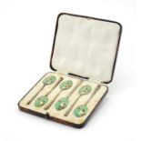 Set of six silver and enamel teaspoons by Turner & Simpson Ltd. Birmingham 1935, housed in a