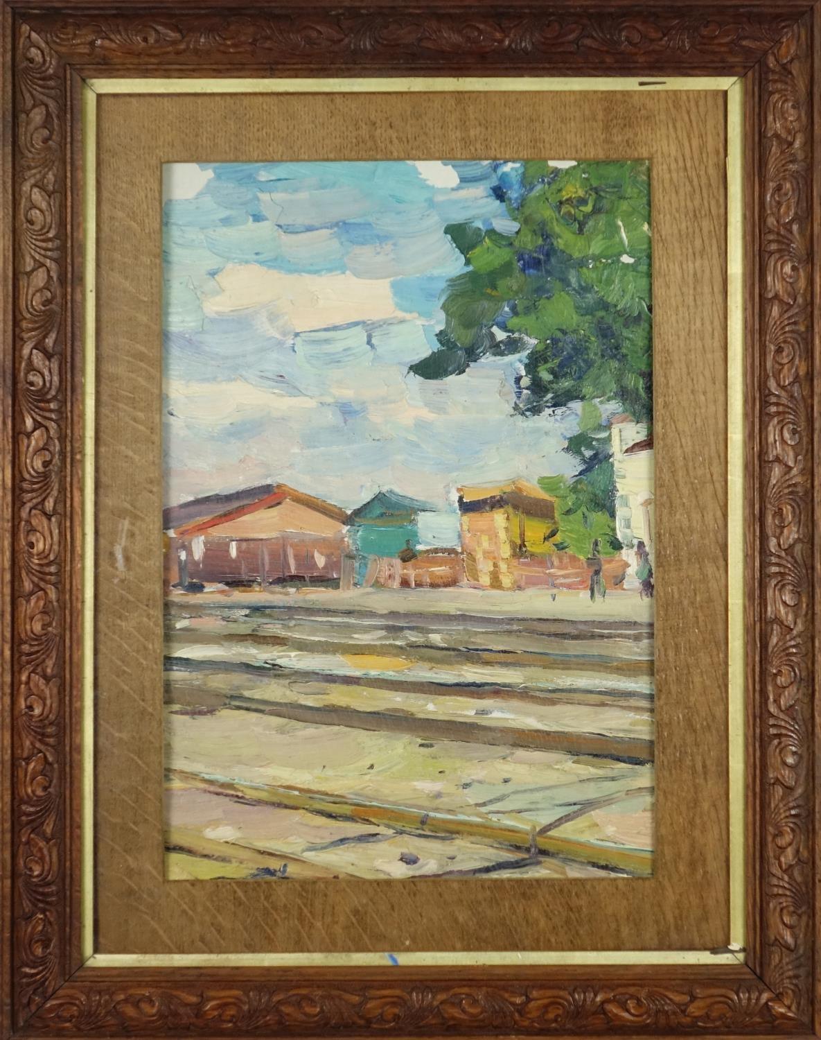 Railway line before buildings, Russian school oil, inscribed verso, mounted and framed, 40cm x 27. - Image 2 of 4