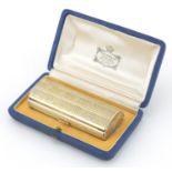 Continental silver gilt rectangular box with hinged lid and engine turned decoration, stamped