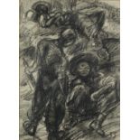 Three Asian soldiers, black chalk, bearing a monogram FB, mounted and framed, 32cm x 23cm : For