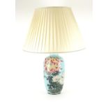Japanese cloisonné vase table lamp with a cream silk lined pleated shade, the vase enamelled with