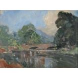Bridge over water, impressionist oil on canvas board, bearing an indistinct signature, framed,