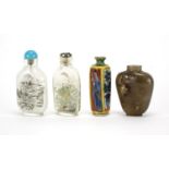 Four Chinese snuff bottles comprising two internally hand painted, porcelain example with square