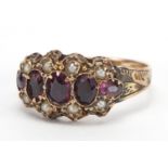 Victorian 9ct gold garnet and seed pearl ring, size O, approximate weight 2.0g : For Extra Condition