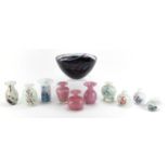 Kosta Boda art glass bowl and ten Mdina glass vases, some with paper labels, the bowl 22.5cm in