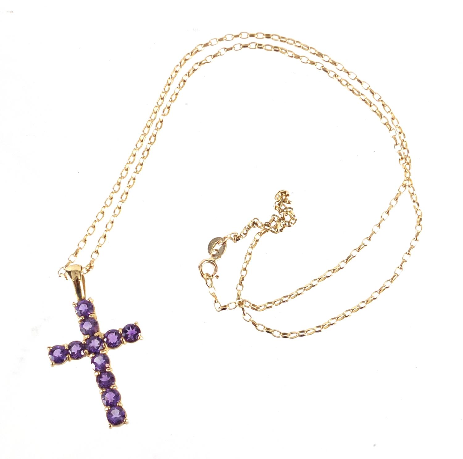 9ct gold amethyst cross pendant on a 9ct gold necklace, the pendant 3.6cm in length, approximate - Image 2 of 3