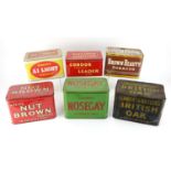 Six vintage advertising tobacco tins comprising Anstie's Brown Beauty, Gallaher, Adkin's Nut