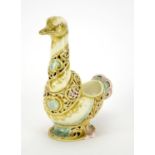 Hungarian reticulated pottery goose vase by Zsolnay Pecs, factory marks and numbered 4233 to the
