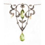 Art Nouveau unmarked gold diamond, peridot and seed pearl necklace, housed in a Stewart Dawson &
